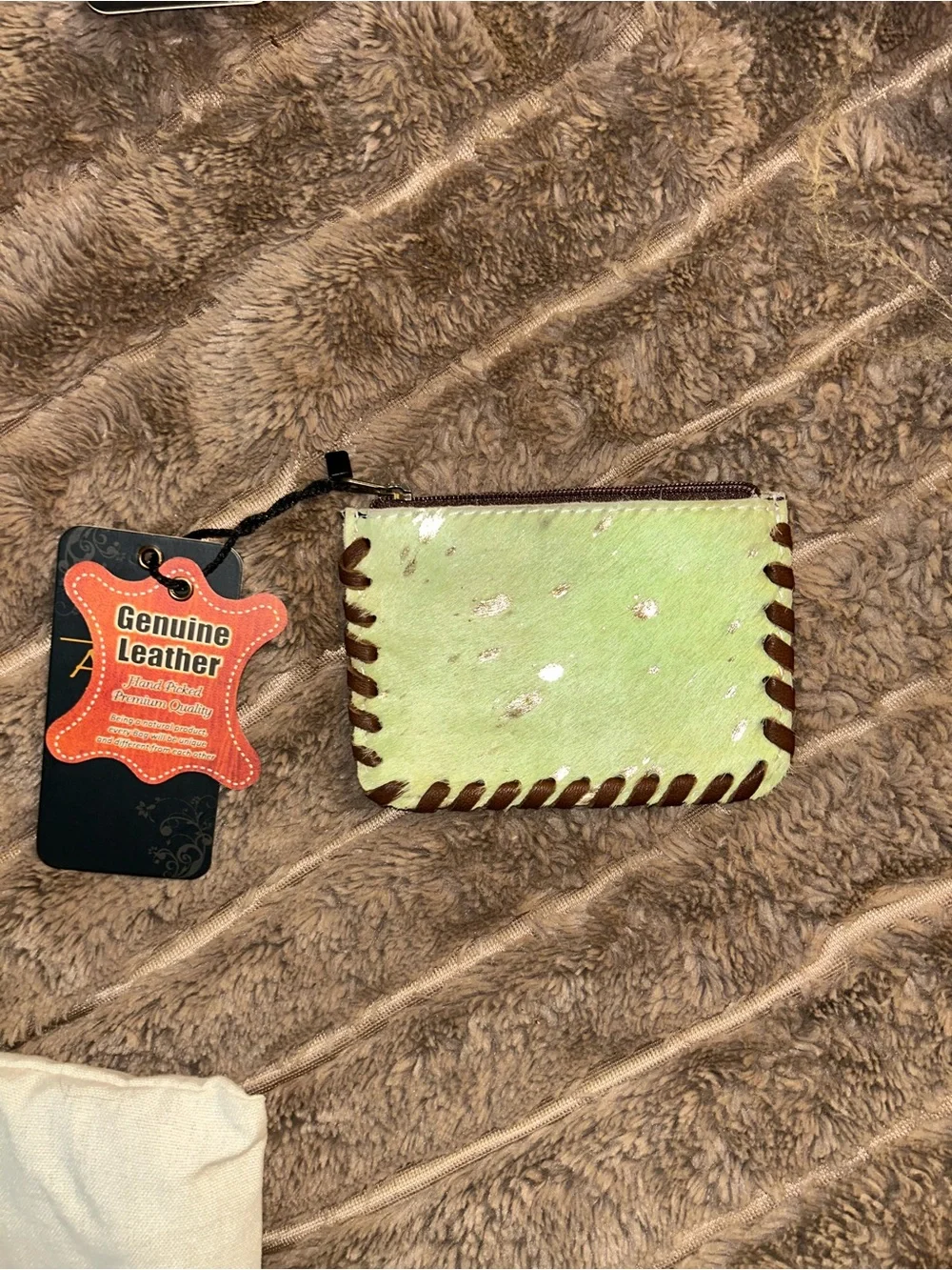 American Darling Light Green Haircalf Zip Cosmetic Pouch with Brown Trim